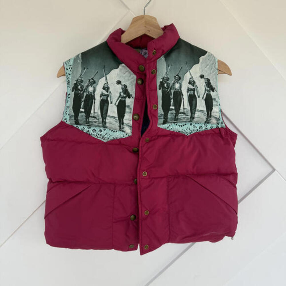 Vintage Totem Salvaged Upcycled Pink Puffer Vest with Ski Print Paisley Lining